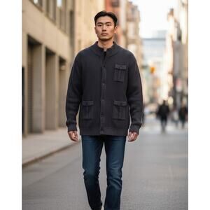 Blue Cardigan Sweater Mens 2XL Dark Gray Mock Neck Button Pockets Grandpa Core